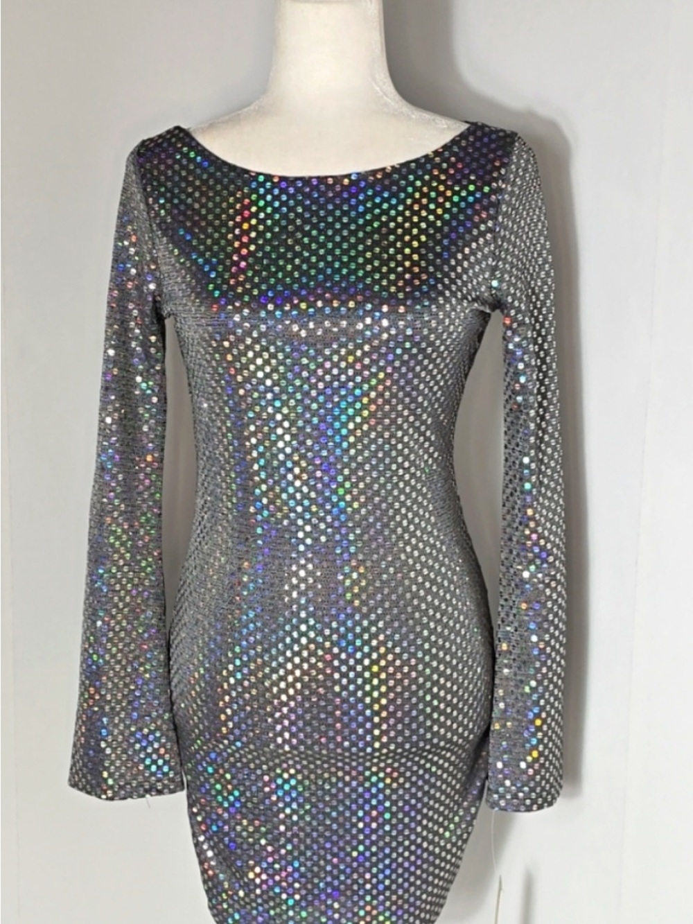 New small thirty thirty sequin metallic gray bell sleeve disco style dress